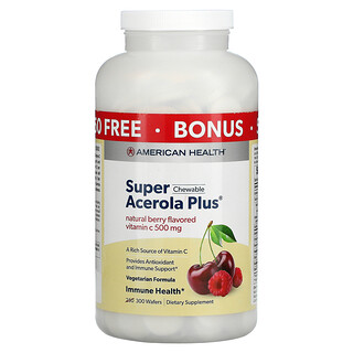 American Health, Super Acerola Plus masticable, sabor natural a bayas, 500 mg, 300 pastillas masticables