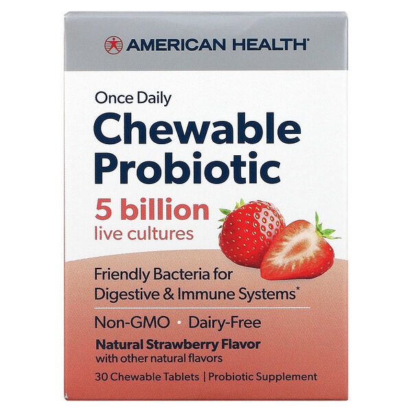 Один раз в день жевательный пробиотик, натуральная клубника, 5 млрд КОЕ, 30 жевательных таблеток