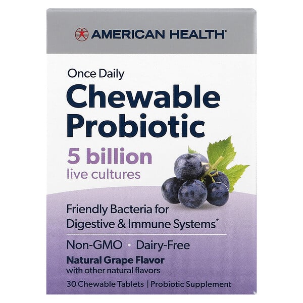 American Health, Один раз в день жевательный пробиотик, из натурального винограда, 5 млрд КОЕ, 30 жевательных таблеток