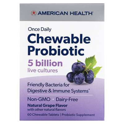 

American Health Once Daily Chewable Probiotic Natural Grape 5 Billion CFU 60 Chewable Tablets