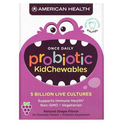 

American Health Жевательные таблетки Probiotic Kid, жевательные таблетки, натуральный виноградный вкус, 5 млрд живых культур, 30 жевательных таблеток