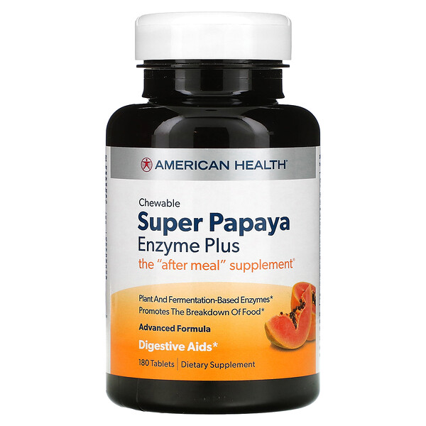 American Health‏, Super Papaya Enzyme Plus, אנזים פפאיה, לעיס, 180 טבליות