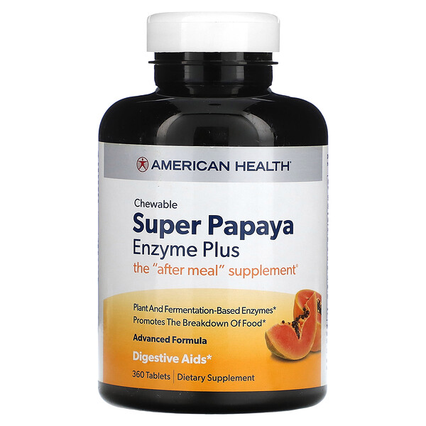 American Health‏, Super Chewable Papaya Enzyme Plus, אנזים פפאיה, לעיס, 360 טבליות