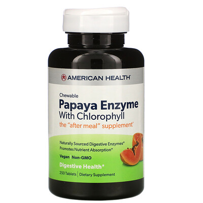 American Health Ферменты папайи с хлорофиллом, 250 жевательных таблеток
