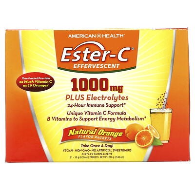 American Health Ester-C, шипучая смесь для напитка, натуральный апельсиновый вкус, 1000 мг, 21 пакетик по 10 г (0,35 унции)