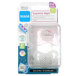 MAM, Chupete de noche supremo, 0-6 meses, rosa / transparente, 2 unidades