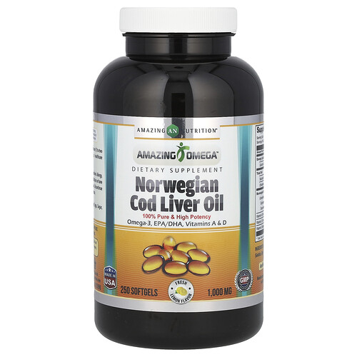 Amazing Nutrition Amazing Omega, Norwegian Cod Liver Oil, Lemon, 1,000 mg, 250 Softgels