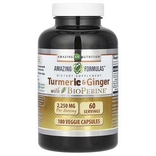 Amazing Nutrition, Turmeric și Ghimbir cu BioPerină, 2.250 mg, 180 capsule vegetale (750 mg per capsulă)