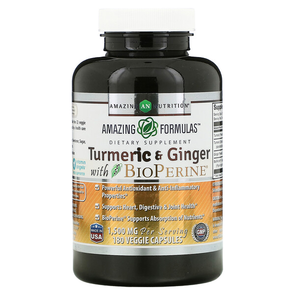 Amazing Nutrition, Turmeric & Ginger with BioPerine, 750 mg, 180 Veggie Capsules