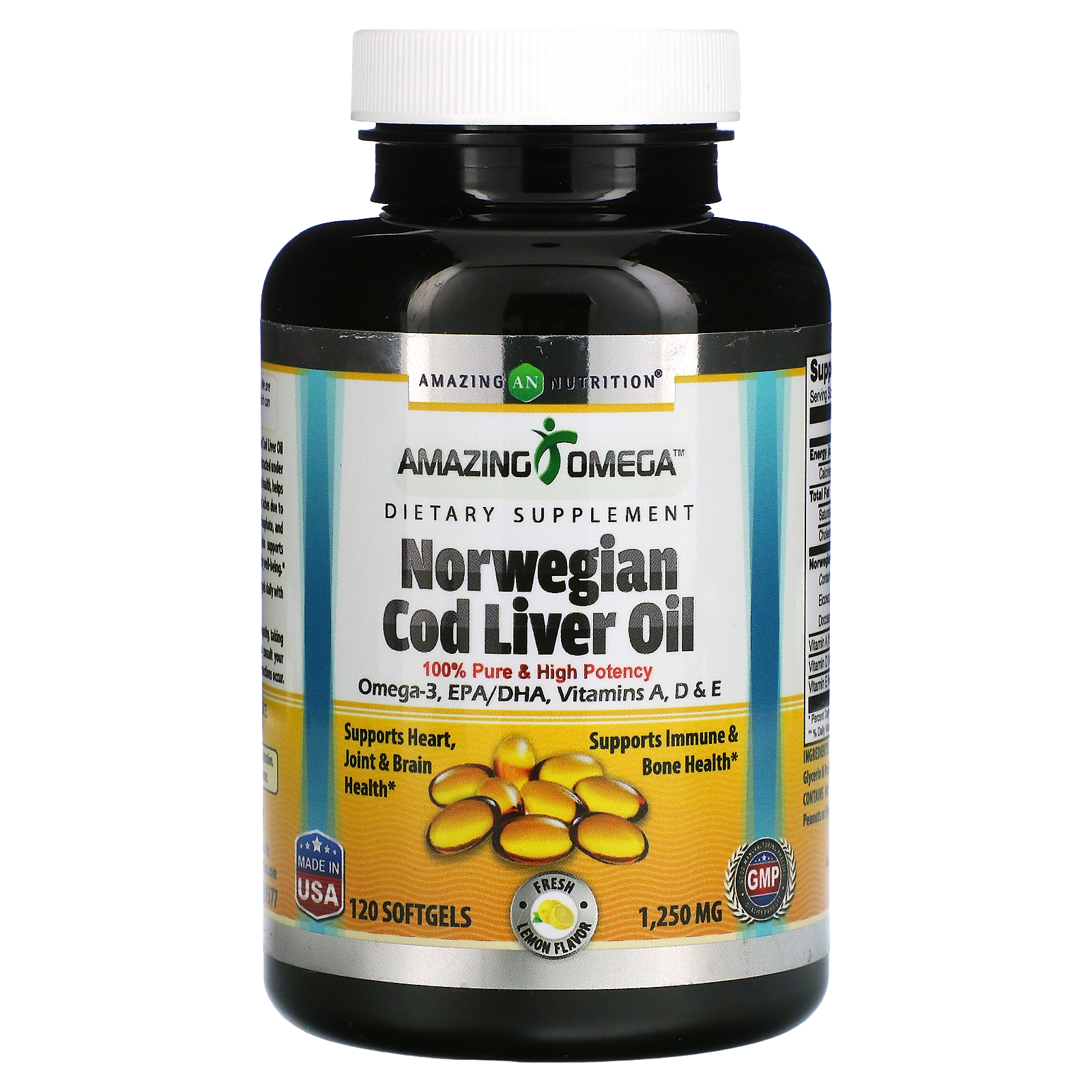 Amazing Nutrition, Norwegian Cod Liver Oil, Lemon, 1,250 mg, 120 Softgels
