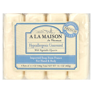 A La Maison de Provence, Hand & Body Bar Soap, Hypoallergenic Unscented, 4 Bars, 100 g (3.5 oz) Each