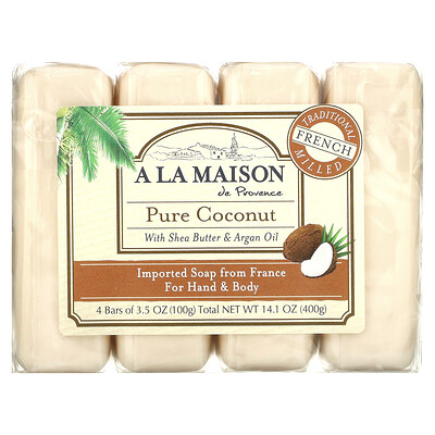 Купить A La Maison de Provence Мыло для рук & тела, Чистый кокос, 4 бруска по 3.5 унции