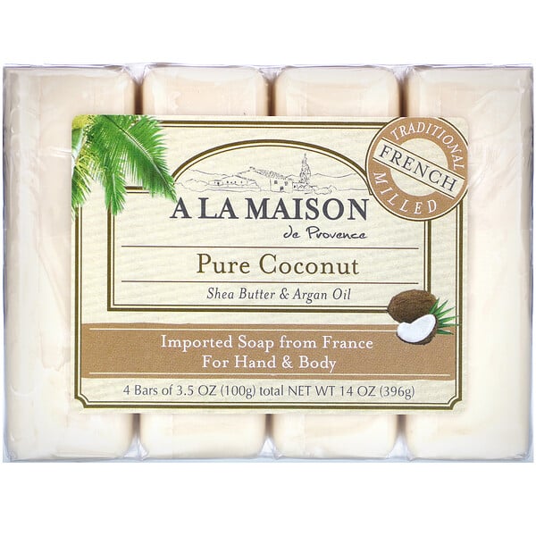 A La Maison de Provence, Hand & Body Bar Soap, Pure Coconut, 4 Bars, 3.5 oz Each