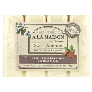 A La Maison de Provence, Hand & Body Bar Soap, Sweet Almond, 4 Bars, 100 g Each
