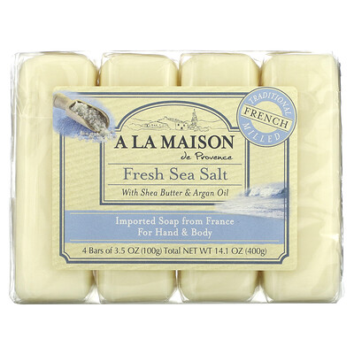 A La Maison de Provence мыло для рук и тела, морская соль, 4бруска по 100г (3,5унции) каждый