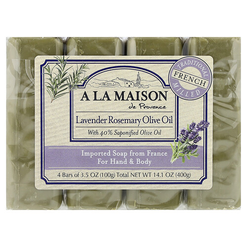 A La Maison De Provence Hand & Body Bar Soap, Lavender Rosemary Olive Oil, 4 Bars, 3.5 oz (100 g) Each