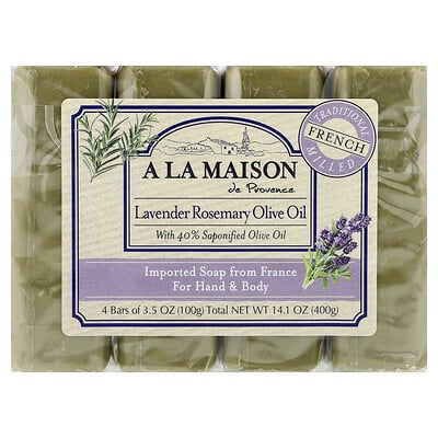 A La Maison de Provence, Barra de jabón para manos y cuerpo, Lavanda, romero y aceite de oliva, 4 barras, 100 g (3,5 oz) cada una