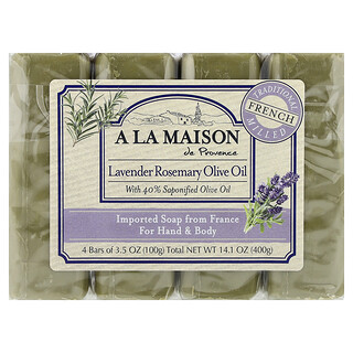 A La Maison de Provence, Barra de jabón para manos y cuerpo, Lavanda, romero y aceite de oliva, 4 barras, 100 g (3,5 oz) cada una