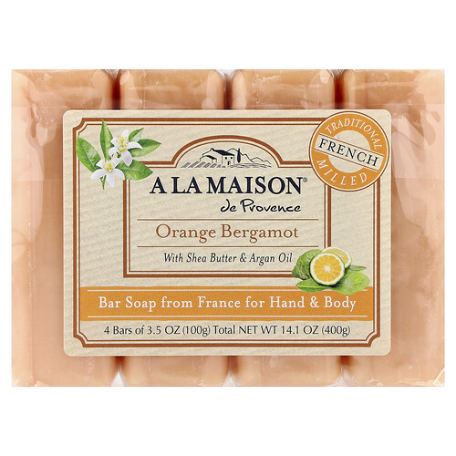 A La Maison De Provence Hand & Body Bar Soap, Orange Bergamot, 4 Bars, 3.5 oz (100 g) Each