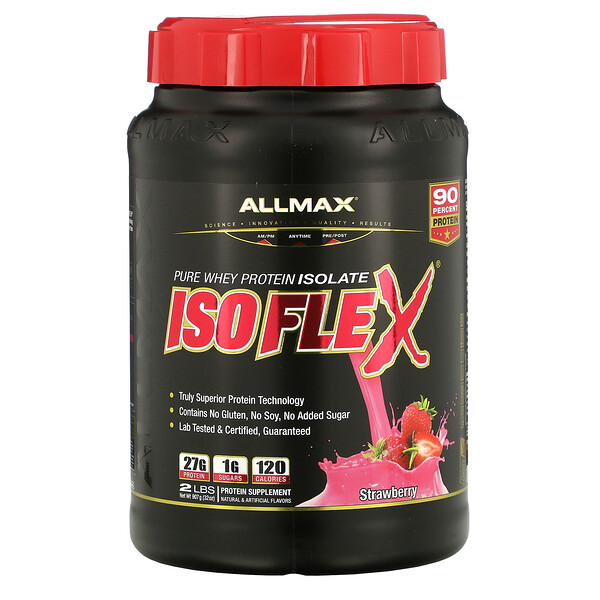 ALLMAX Nutrition, Isoflex, proteína aislada de suero 100% ultrapura (filtración de partículas iónicas WPI), fresa, 2 lbs. (907 g)