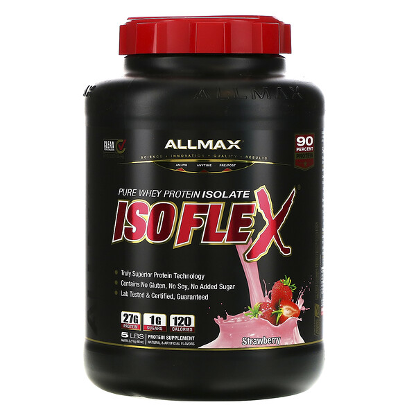 ALLMAX Nutrition, Isoflex, 100% aislado ultra puro de suero proteico (filtración de partículas cargadas de iones WPI) frutilla, 5 libras. (2,27 kg)