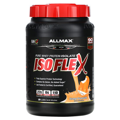 

ALLMAX Isoflex, 100% сверхчистый изолят сывороточного белка (WPI ионная фильтрация), апельсиновый шербет 2 фунта (907 г)