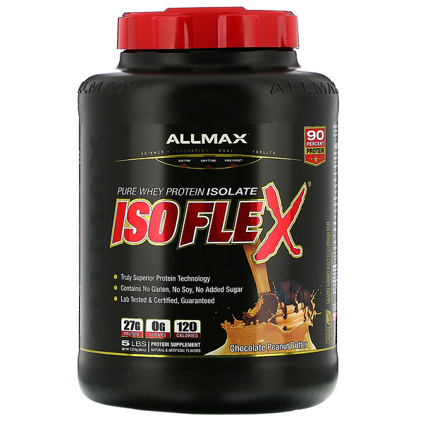 ALLMAX Nutrition‏, Isoflex, איזולט חלבון מי גבינה טהור (סינון חלקיקים מיוננים), שוקולד חמאת בוטנים, 2.27 ק"ג (5 lbs)