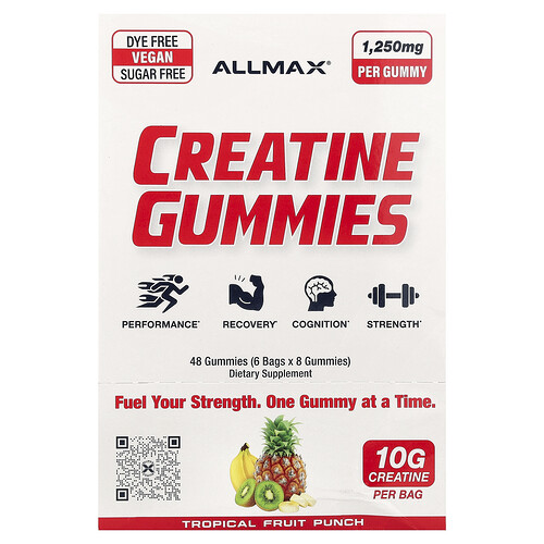 Allmax Creatine Gummies, Tropical Fruit Punch, 1,250 mg, 6 Bags, 8 Gummies Each