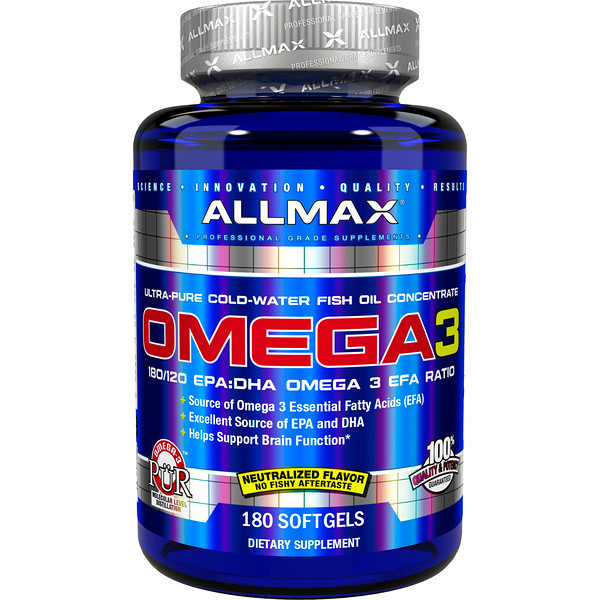 ALLMAX Nutrition, Рыбий жир Омега-3, ультрачистый рыбий жир из рыбы, обитающей в холодной воде, 180 мягких таблеток