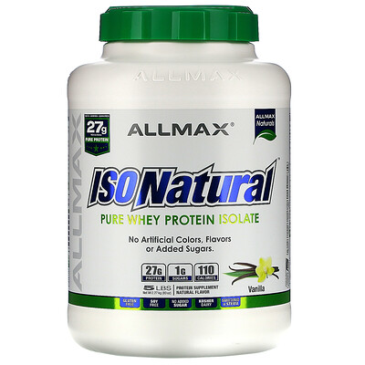 ALLMAX Nutrition IsoNatural, 100% сверхчистый изолят натурального сывороточного белка (WPI90), ваниль, 5 фунтов (2,27 кг)