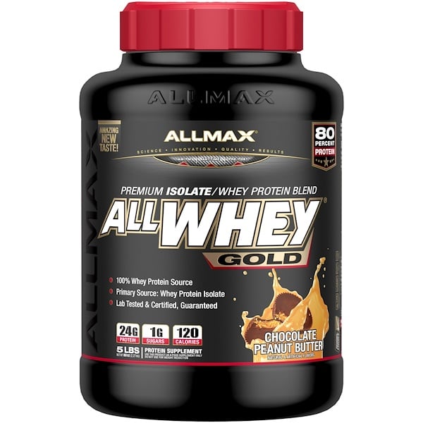 ALLMAX Nutrition, オールホエイ・ゴールド、100%ホエイプロテイン + プレミアム・ホエイプロテインアイソレート、チョコレートピーナッツバター、5ポンド (2.27 kg)