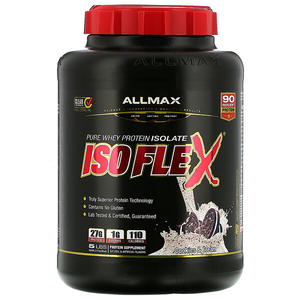 Isoflex, 100% чистый изолят сывороточного белка (фильтрация ИСБ частицами, заряженными ионами), со вкусом печенья и сливок, 2,27 кг (5 фунтов)