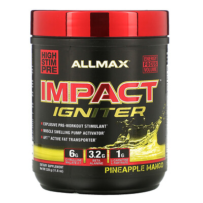 ALLMAX Nutrition Impact Igniter, предтренировочный комплекс, ананас и манго, 11,6 унц. (328 г)