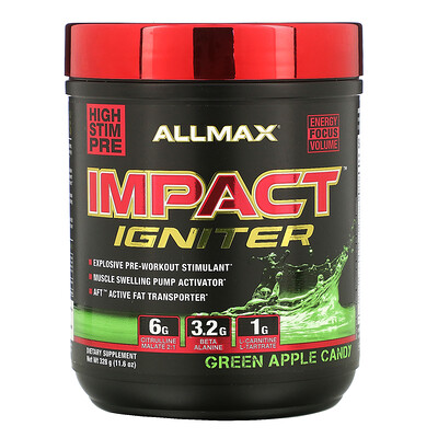 

ALLMAX Nutrition Impact Igniter Pre-Workout, Green Apple Candy, 11.6 oz (328 g)