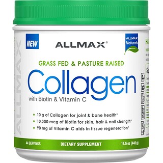 ALLMAX Nutrition, كولاجين من أبقار المراعي التي تتغذى على العشب مع 10,000 مكجم بيوتين + 90 مجم فيتامين ج، 15.5 أونصات (440 جم)