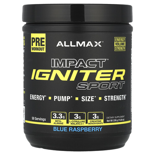 Allmax Impact™ Igniter Sport, Pre Workout, Blue Raspberry, 11.64 oz (330 g)