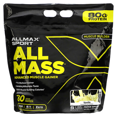 Купить ALLMAX Sport, All Mass, Advanced Muscle Gainer, Vanilla, 5 lbs, 2.27 kg (80 oz)