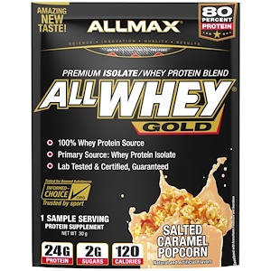 ALLMAX Nutrition, AllWhey Gold, 100% сывороточный протеин + премиум-изолят сывороточного протеина, соленый карамельный попкорн, пробник, 30 г