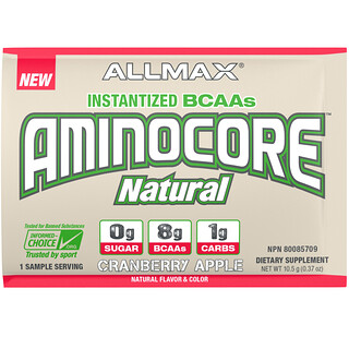 ALLMAX Nutrition, Aminocore Natural（天然加強支鏈氨基酸），即溶BCAAs，蔓越莓蘋果味，10.5 克(0.37 盎司)