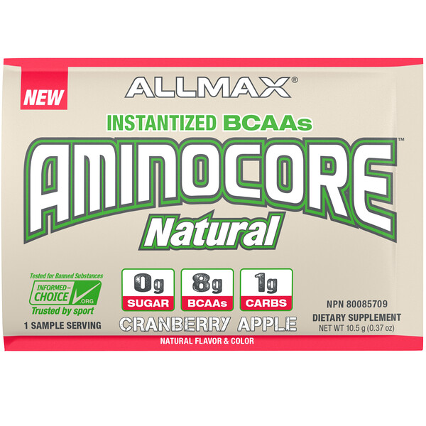 Aminocore Natural（天然加強支鏈氨基酸），即溶BCAAs，蔓越莓蘋果味，10.5 克(0.37 盎司)
