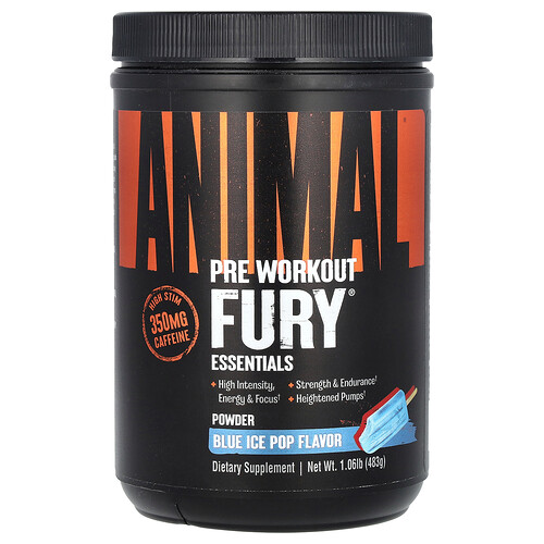 Animal Fury® Essentials, Pre Workout, Blue Ice Pop, 1.06 lbs (483 g)