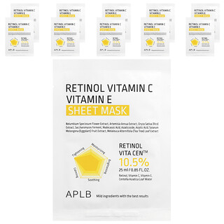 APLB, Beauty, Masque en tissu au rétinol, à la vitamine C et à la vitamine E, 10 masques, 25 ml pièce