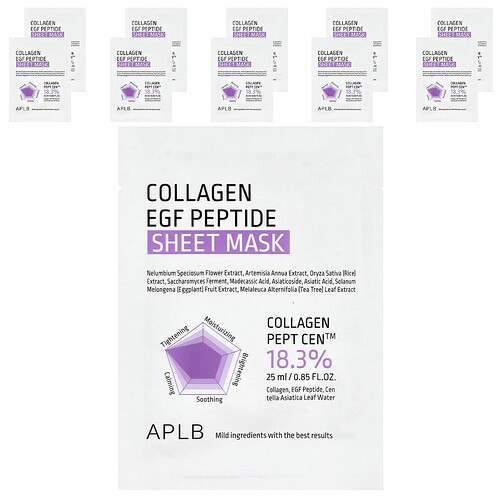 Aplb Collagen EGF Peptide Beauty Sheet Mask, 10 Sheets, 0.85 fl oz (25 ml)
