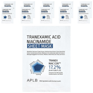 APLB, Tranexaminezuur Niacinamide Beauty Sheet Mask, 10 vellen, 25 ml per stuk