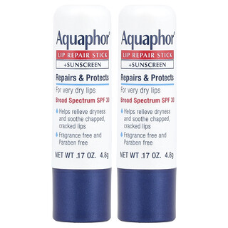 Aquaphor, Stick pentru repararea buzelor + protecție solară, SPF 30, fără parfum, 2 batoane, 0,17 oz (4,8 g) fiecare