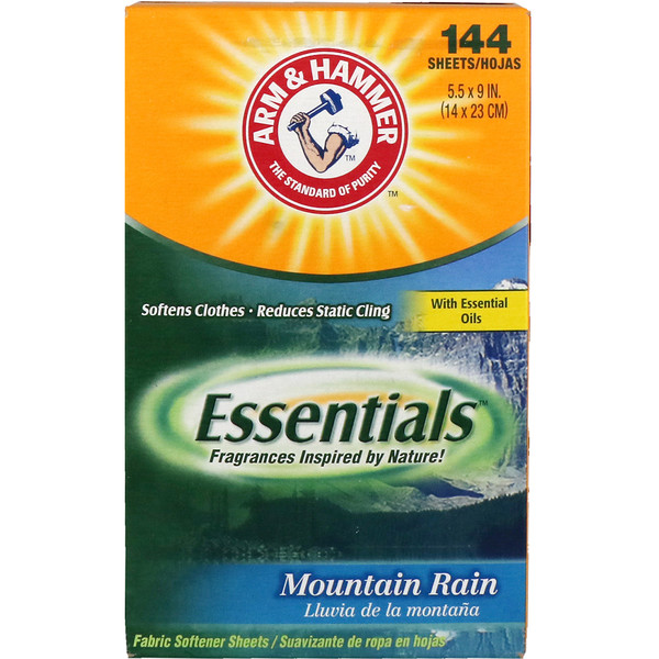 Arm & Hammer, Essentials, Fabric Softener Sheets, Mountain Rain, 144