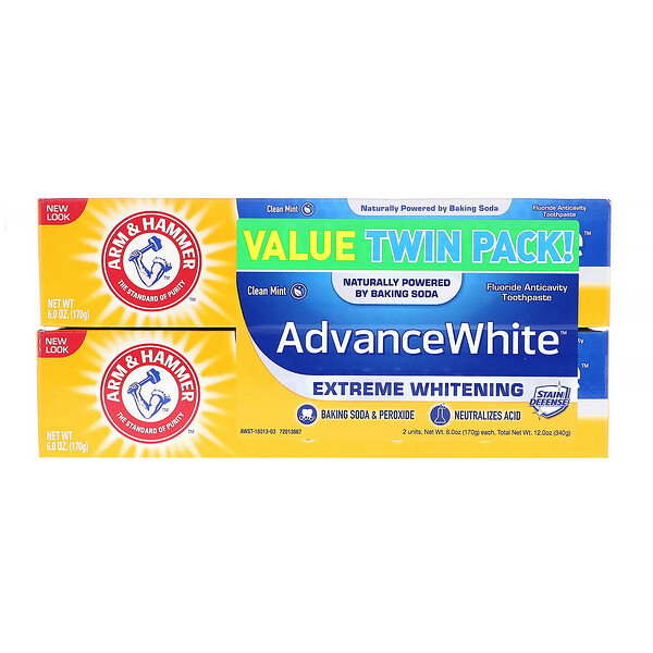 Arm & Hammer‏, AdvanceWhite, משחת שיניים להלבנה מוגברת, מנטה, אריזה כפולה, 170 גרם לשפופרת