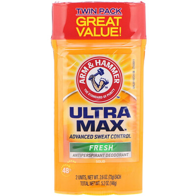 Arm & Hammer UltraMax, твердый антиперспирантный дезодорант, для мужчин, свежий, двойная упаковка, по 2,6 унции (73 г) каждая