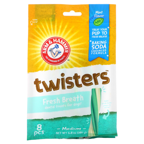 Arm & Hammer‏, Twisters, Fresh Breath Dental Treats For Dogs, Medium, Mint, 8 Pieces