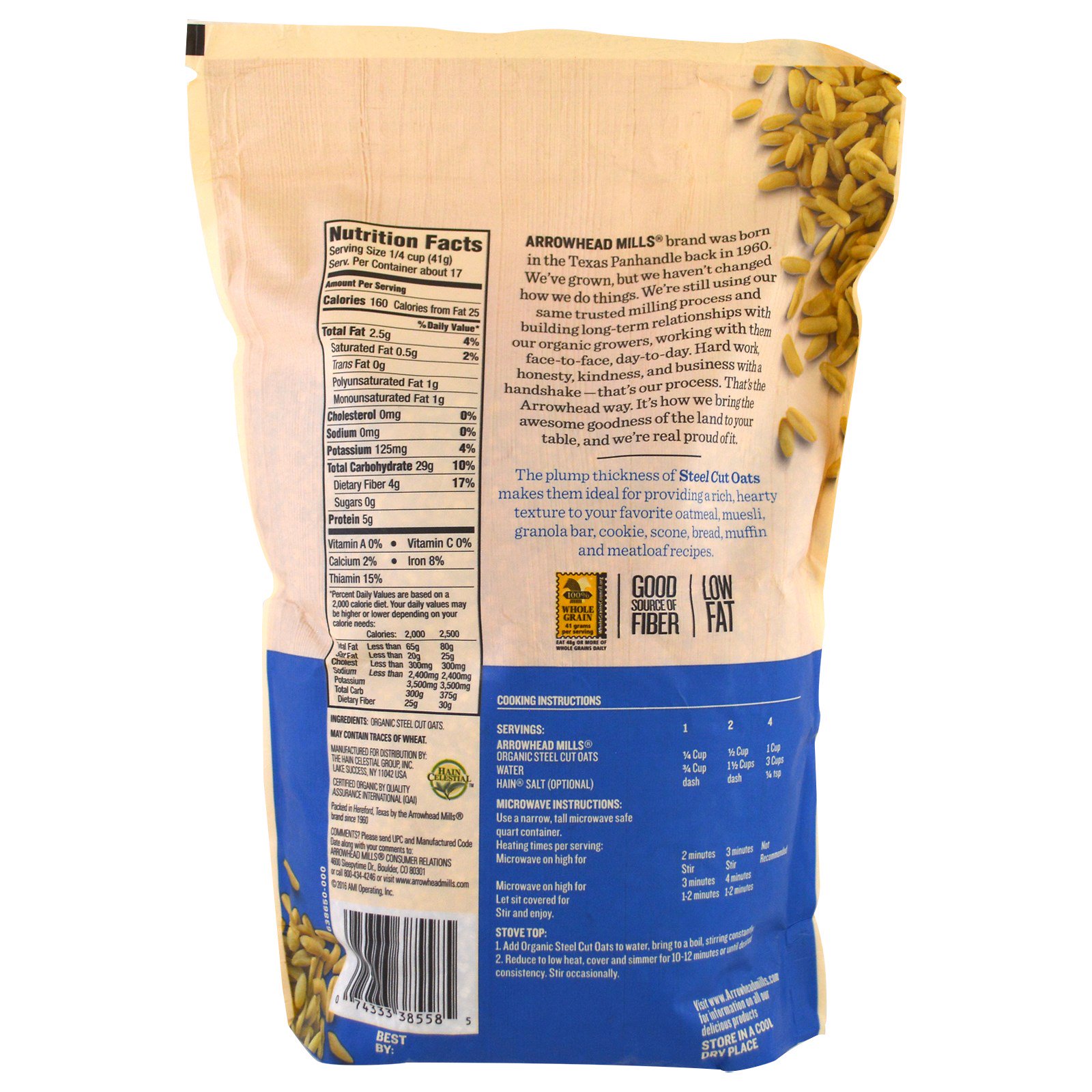 Arrowhead Mills, Organic Steel Cut Oats, Hot Cereal, 1.5 lbs (680 g